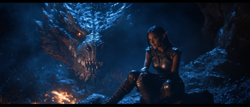 Dark elf in armor sitting in cave with dragon.