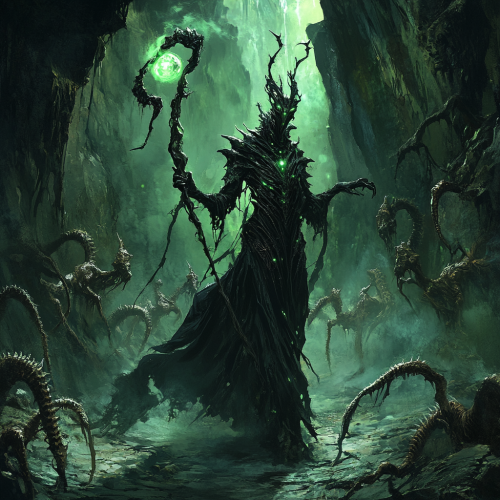 Dark figure Xanthel with chitinous skin, eerie staff, followers.