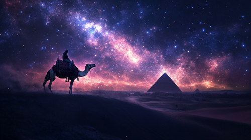 Dark galaxy night sky over Arabian desert with camel rider. Dark galaxy night sky over Arabian desert with camel rider.