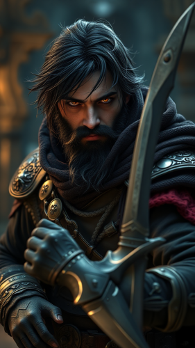 Dark-haired elf rogue in stealthy night pose. Dark-haired elf rogue in stealthy night pose.