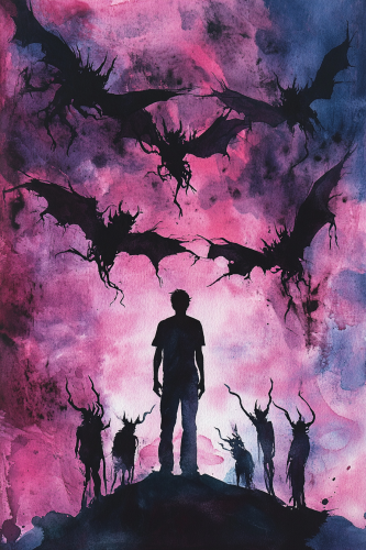 Dark silhouette surrounded by flying demons in colorful sky