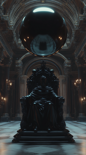 Dark statue on throne in Victorian castle lobby.