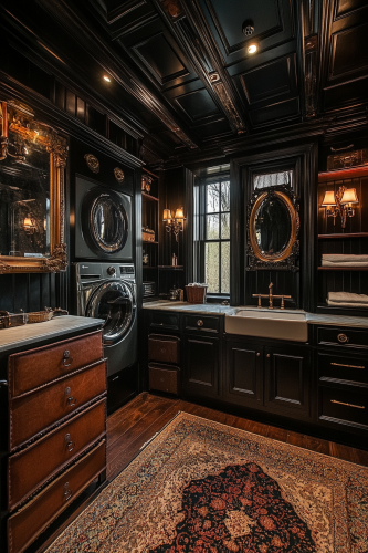 Dark wood, gold mirrors, leather, vintage sconces, washer, dryer.