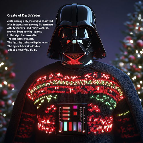 Darth Vader in festive sweater with glowing lights