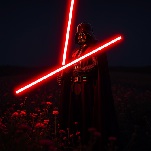 Darth Vader with lightsaber in flower field at night.