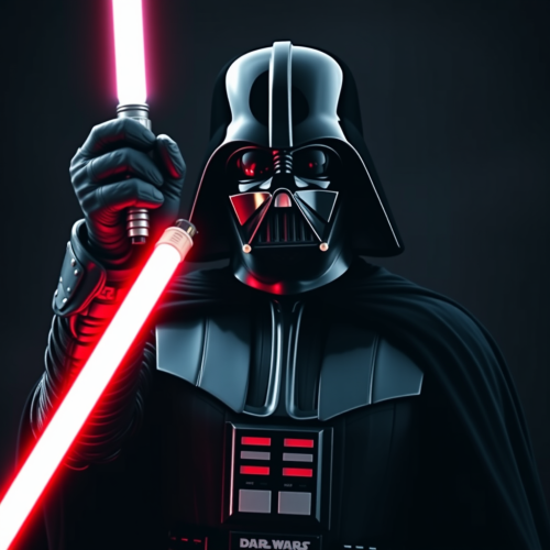 Darth Vader with lightsaber up in front.