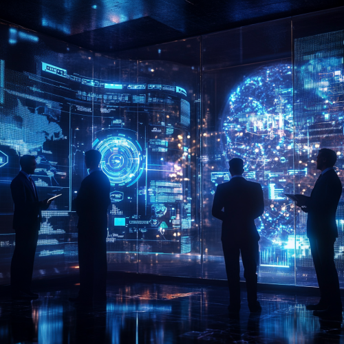 Data scientists in suits analyzing complex data on screens. Data scientists in suits analyzing complex data on screens.