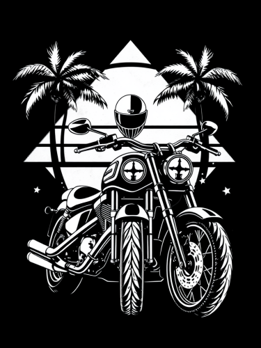 David Mann style drawing of Harley Davidson motorcycle.