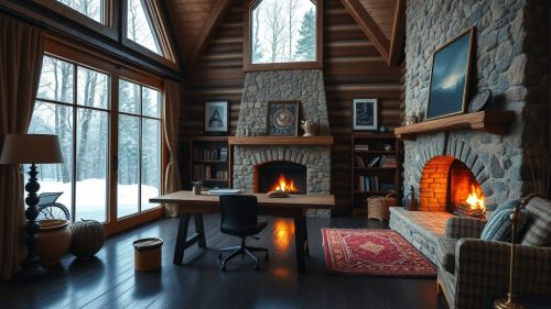Daylight in Cabin's Great Room by Fireplace Desk
