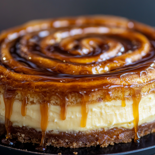 Decadent honeybun cheesecake with cinnamon roll swirls
