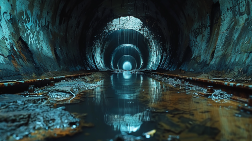Decaying subway tunnel with graffiti and flickering lights.