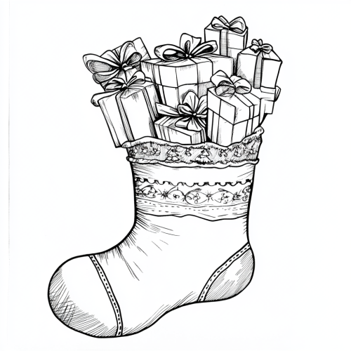 Decorate Christmas sock with presents coloring page.