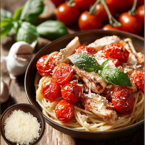 Delicious Bruschetta Chicken Pasta Dish with Fresh Ingredients