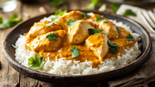 Delicious Chicken Curry Dish on Fanciful Wooden Table