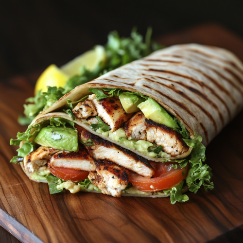Delicious Chicken and Avocado Wrap on Wooden Board