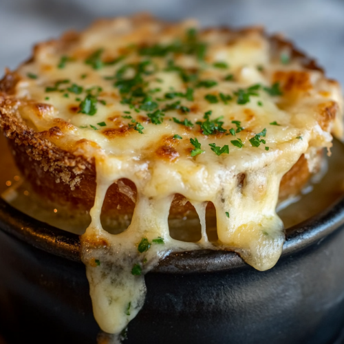 Delicious French onion soup with melted cheese