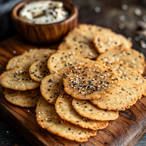 Delicious almond flour crackers on rustic wooden board