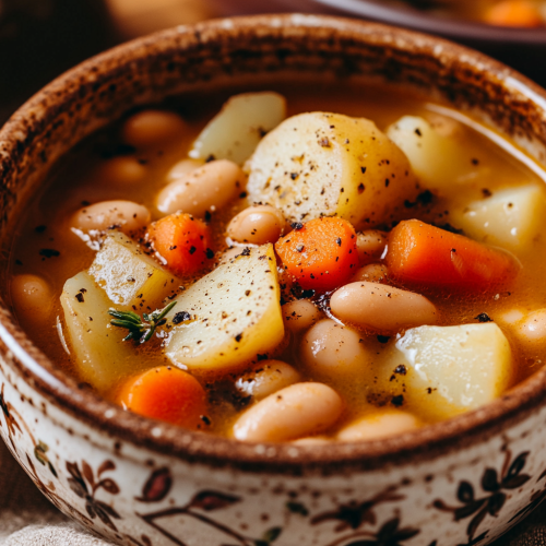 Delicious bean and vegetable soup in a floral bowl
