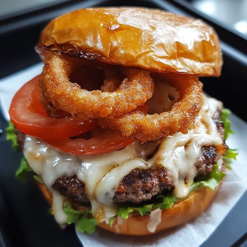 Delicious beef burger with melted cheese and veggies.