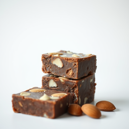 Delicious chocolate almond fudge on a white background.