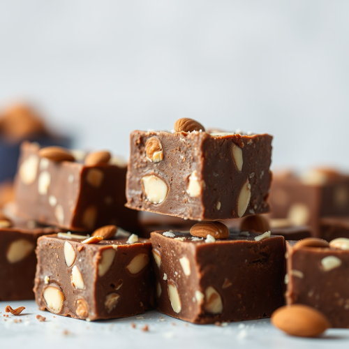 Delicious homemade chocolate almond fudge on display.