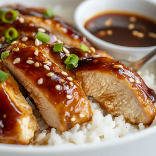 Delicious teriyaki chicken with rice and sauce garnish