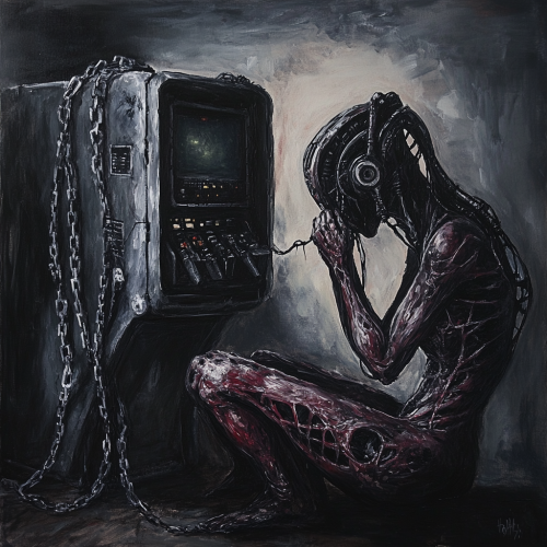 Demon in dark room with chains on head.