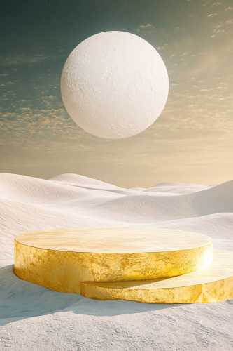 Desert dune with yellow crystal platform under cosmic sky. Desert dune with yellow crystal platform under cosmic sky.