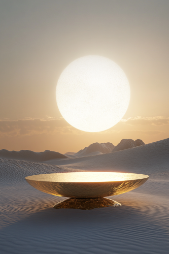 Desert landscape with golden oval platform under cosmic sky.