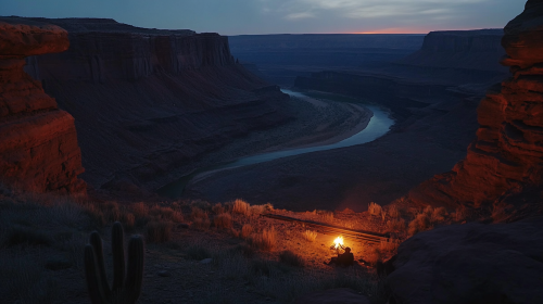 Desert scene at dawn with campfire and cavern entrance