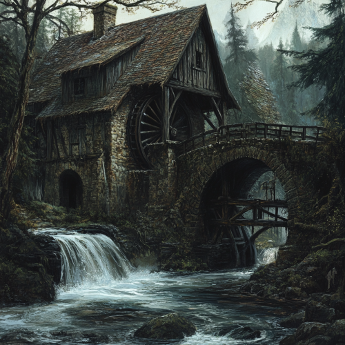 Deserted Mill with Covered Bridge and Water Wheel