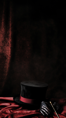 Design mobile slide with magician's hat, gloves on stage. Design mobile slide with magician's hat, gloves on stage.