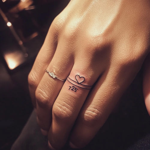 Design thin wedding ring tattoo with heart, numbers 725.