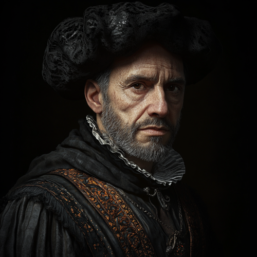 Detailed, gothic atmosphere with black background, renaissance portrait.