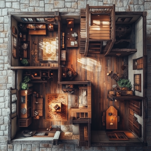 Detailed, realistic interior of an old house.