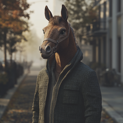 Detailed, surreal image of horse-headed human figure.