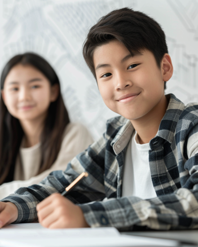 Detailed Close-Up of Korean Middle School Students Studying English