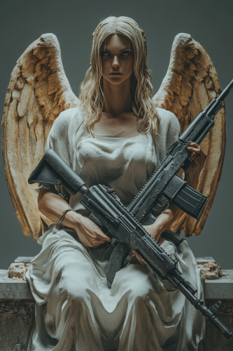 Detailed angel holding two ak-47s in simple background.