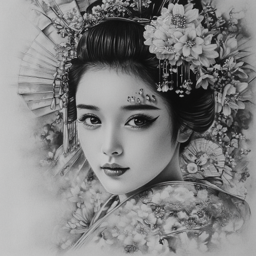 Detailed black and grey geisha tattoo with serene expression