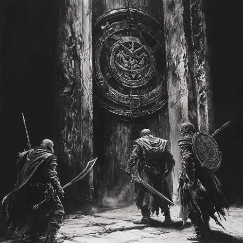 Detailed black and white charcoal drawing of 3 characters.