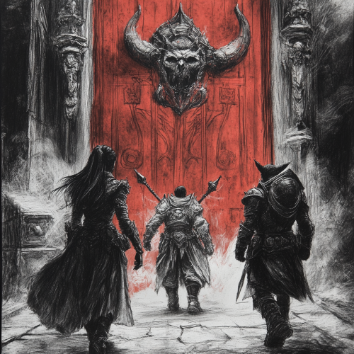 Detailed black and white drawing of DnD characters.