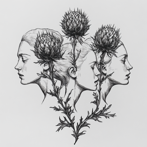 Detailed black ink illustration of three women's heads