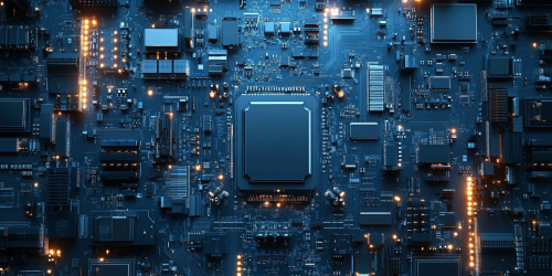 Detailed blue motherboard with complex circuitry and components. Detailed blue motherboard with complex circuitry and components.
