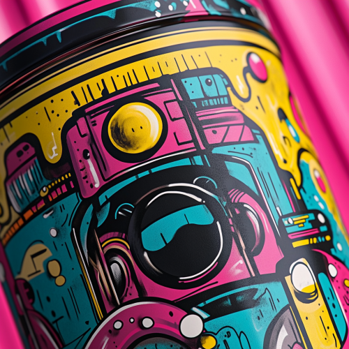 Detailed container design with psychedelic hip-hop artwork.