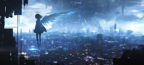 Detailed dystopian cityscape with angelic girl flying above. Detailed dystopian cityscape with angelic girl flying above.