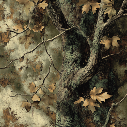 Detailed forest camouflage pattern with deep greens and browns.