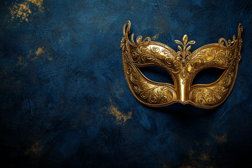 Detailed golden masquerade mask on dark blue background.