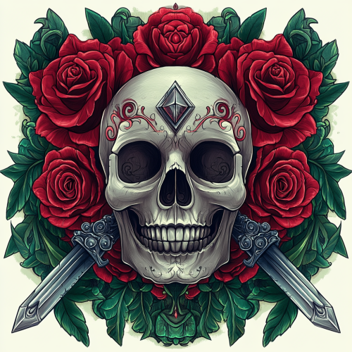 Detailed illustration of skull with roses and swords.