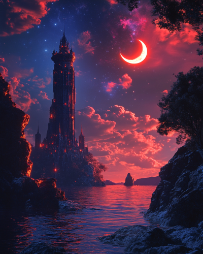 Detailed nebula clouds, red and blue, fantasy tower, ocean.