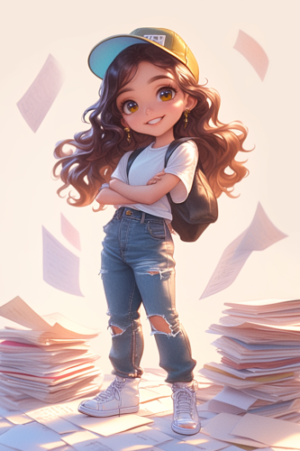 Determined girl studying in kawaii chibi style